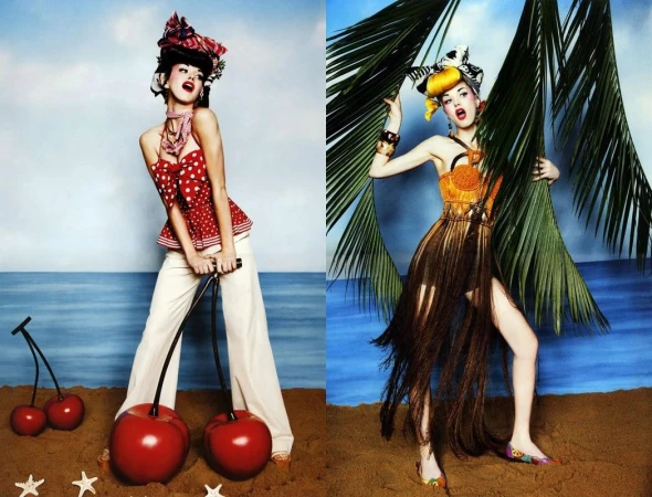 Two fashion models on a beach with cherry props, wearing colorful and patterned outfits in a split-screen studio shot.