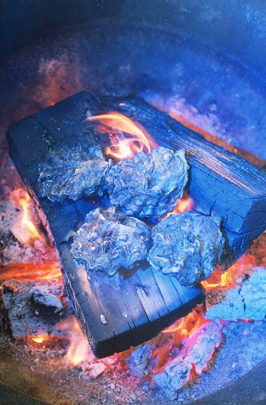 Close-up of charred wood burning in a fire pit, with bright orange flames and blue undertones, highlighting the textures of the wood.