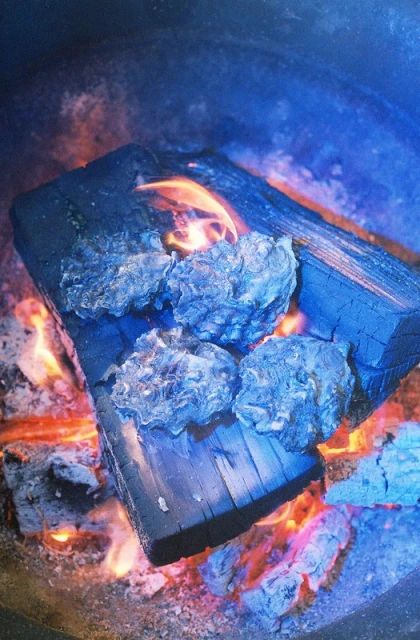 Close-up of charred wood burning in a fire pit, with bright orange flames and blue undertones, highlighting the textures of the wood.