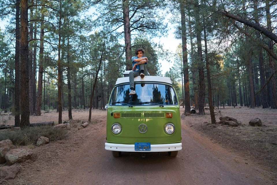 Young man sits on top of a green Volkswagen camper van, parked on a dirt road in a forest with tall trees on a sunny day.