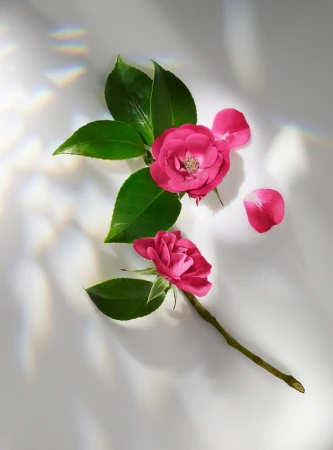 Close-up still life of pink roses with green leaves and petals, soft lighting, on a white background, capturing floral beauty.