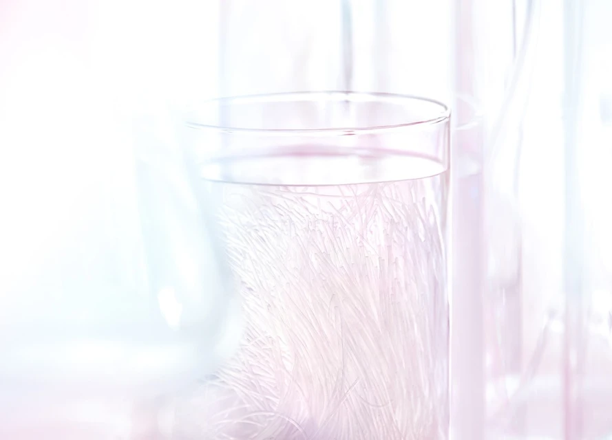 Clear glass vase with water and white decorative elements; soft, bright indoor lighting creates a clean, minimalist aesthetic.