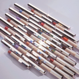 An overhead arrangement of Fenty Beauty lip and eyeliner pencils with metallic silver caps on a pale surface.