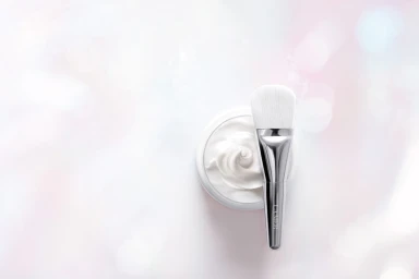 Cosmetic jar of white cream with a silver-handled makeup brush resting across it against a softly blurred background.