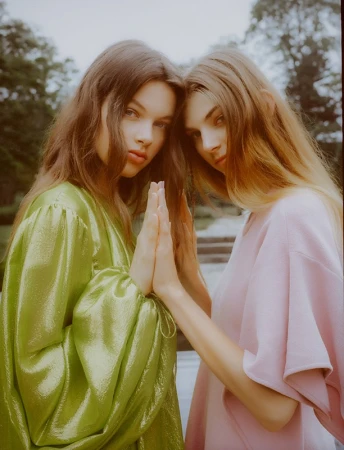 Two female models posing with palms touching, wearing green and pink dresses outdoors styled by Doria Santlofer.