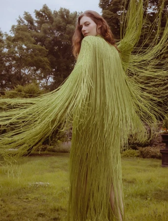 Adult woman in long, light-green, shredded fabric dress posing in a lush grassy outdoor setting with trees in the background.
