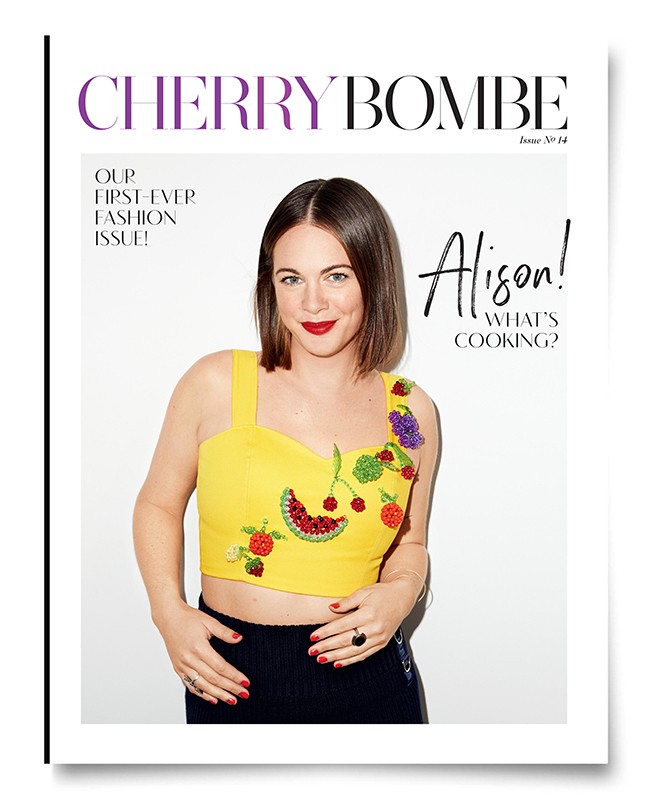 Magazine cover featuring Alison Roman in a yellow crop top adorned with beaded fruit, against a white backdrop with Cherry Bombe branding.