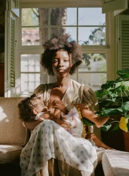 Black woman holding a child while seated on a sofa near a window with sunlight casting shadows across them