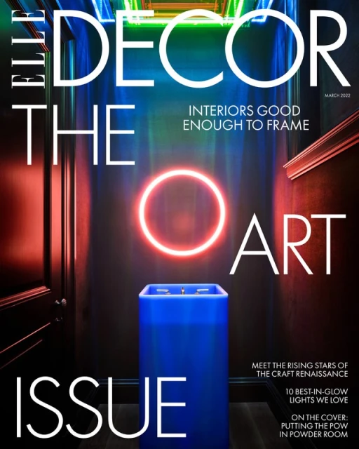 Elle Decor magazine cover, March 2022 issue, featuring the word 'Art' and a blue basin against a hallway backdrop with neon lighting.