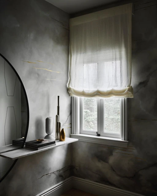 Interior corner featuring a floating marble shelf with decorative objects, a round mirror, a window with sheer blinds, and textured walls.
