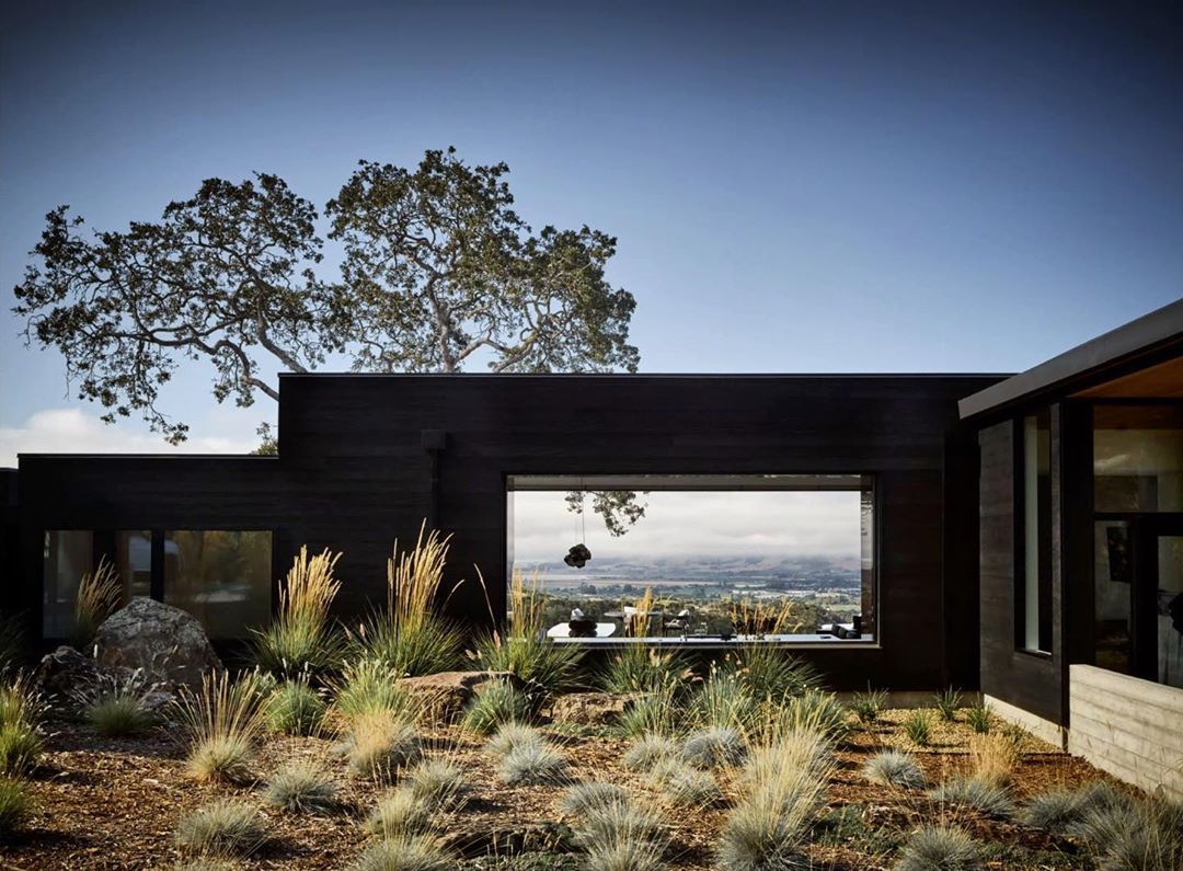 Modern dark house exterior with a flat roof, large window reflecting the landscape, and native grasses in the foreground against a blue sky.