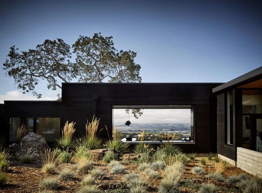 Modern dark house exterior with a flat roof, large window reflecting the landscape, and native grasses in the foreground against a blue sky.