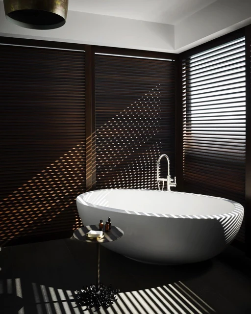Oval freestanding bathtub in a modern bathroom with dark wood blinds, a small table with toiletries, and geometric shadows on the floor.