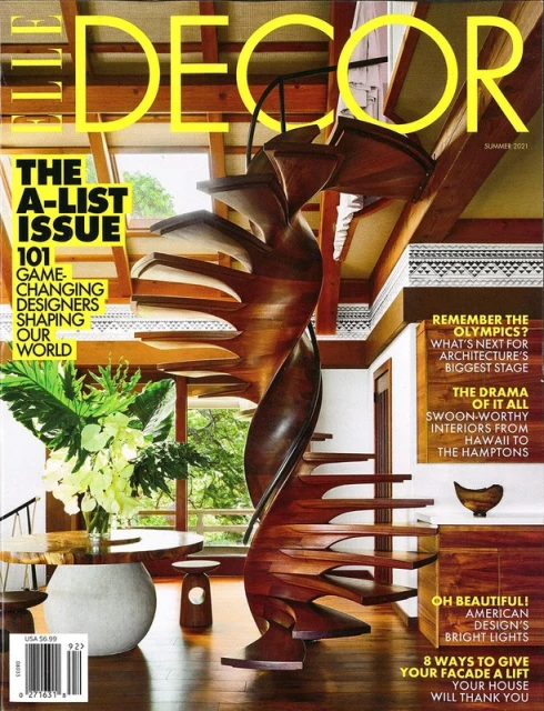 Elle Decor magazine cover featuring a spiral staircase, indoor plants, and interior design elements, presenting an A-List design issue.