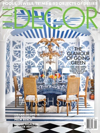 Elle Decor April 2020 magazine cover featuring a dining room with blue patterned wallpaper, a glass table, and wooden chairs.