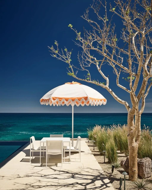 Outdoor dining area by turquoise sea features white table, chairs, and umbrella with orange scalloped trim near a decorative tree.