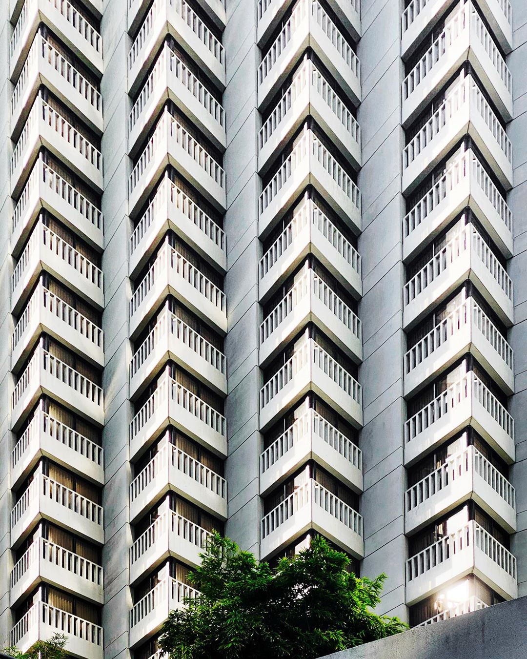Exterior view of a tall building with multiple balconies that create a zig-zag pattern and small green trees at the base.