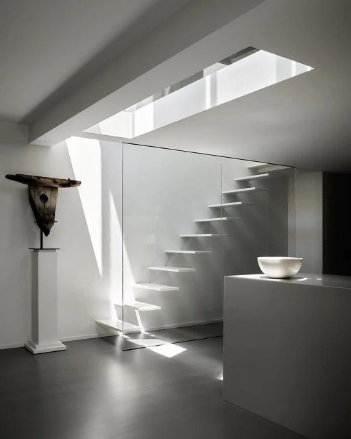 Minimalist interior with floating stairs behind glass, a sculpture on a pedestal, modern white kitchen counter, and light from a skylight.