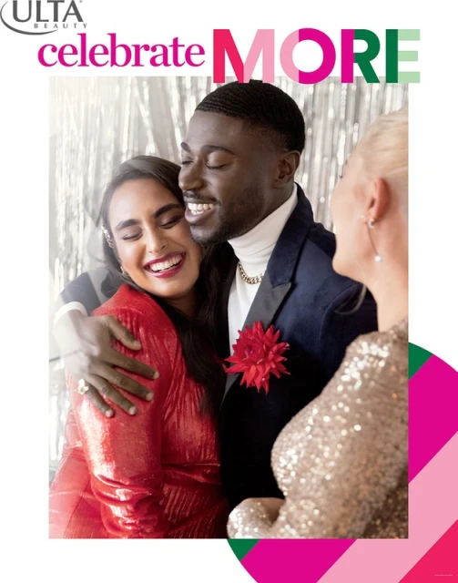 A joyous moment captured with a smiling man and woman embracing, styled for a beauty or fashion ad, featuring bright colors and festive elements.