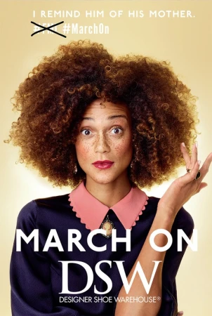 A woman with an afro and freckles wearing a pink-collared top stands against a yellow backdrop, promoting DSW shoes with text overlays.