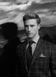 Monochrome portrait of a man in a plaid suit and patterned tie styled by Eddie Schachnow in Los Angeles