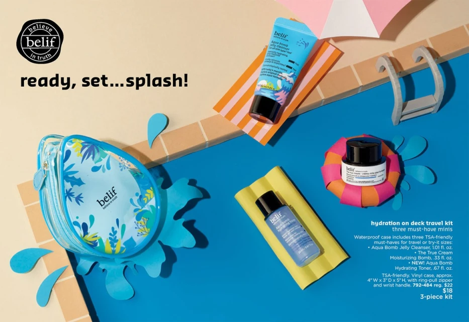 Belif skincare hydration travel kit flat lay product shot featuring a bag, cleanser, cream, toner near a faux pool and paper art.