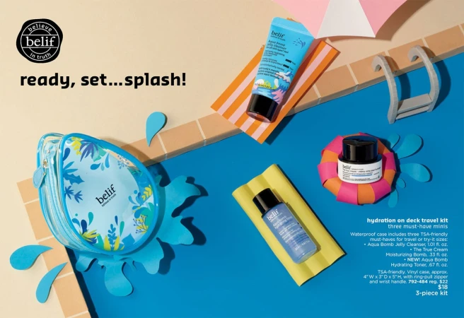 Belif skincare hydration travel kit flat lay product shot featuring a bag, cleanser, cream, toner near a faux pool and paper art.