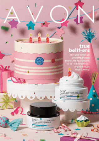 Promotional image for Belif and Avon featuring skincare product mockups made to look like cakes, party decorations, and gift boxes.