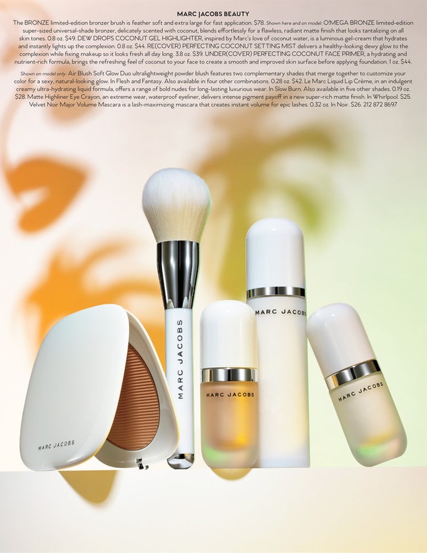 Marc Jacobs Beauty products: bronzer brush, bronzer compact, setting mist, gel highlighter, face primer in white packaging on a light surface.