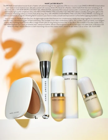 Marc Jacobs Beauty products: bronzer brush, bronzer compact, setting mist, gel highlighter, face primer in white packaging on a light surface.