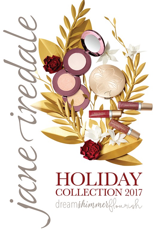 Jane Iredale Holiday Collection 2017 cosmetic products including bronzer, blush, and lip gloss surrounded by decorative gold leaves and flowers.