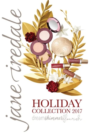 Jane Iredale Holiday Collection 2017 cosmetic products including bronzer, blush, and lip gloss surrounded by decorative gold leaves and flowers.