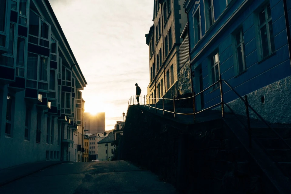 Urban landscape featuring a silhouetted person standing on a ledge overlooking buildings in warm evening light, framed by city architecture.