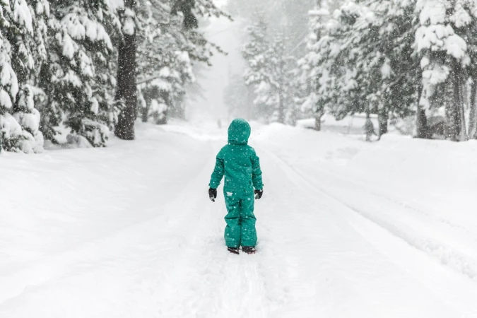 Child in teal snowsuit walks down snowy path surrounded by snow-covered trees in a winter forest during a heavy snowfall.
