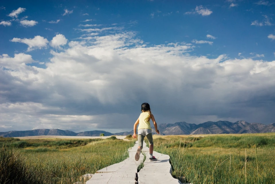 A child runs along a wooden walkway surrounded by a field of tall grass under a cloudy blue sky, with mountains in the distance.