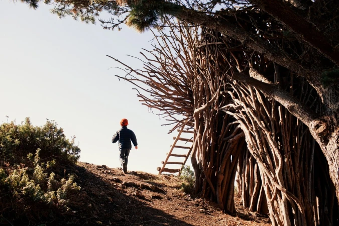 Young child walks towards a stick structure with a wooden ladder on a hilltop under a bright sky, framed by foliage.