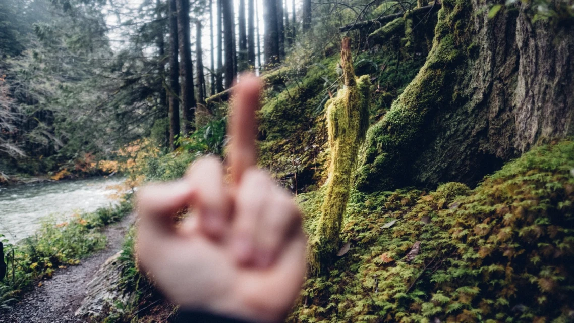 Blurred foreground hand with extended middle finger contrasts with the scenic background of a mossy forest and flowing river.