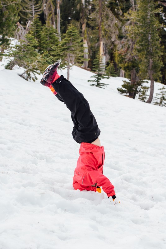 Child in snow, wearing red jacket and black pants, performing a headstand in a snowy landscape surrounded by evergreens.