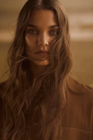 Close-up portrait of a woman with long wavy brown hair and brown shirt against a warm neutral background.