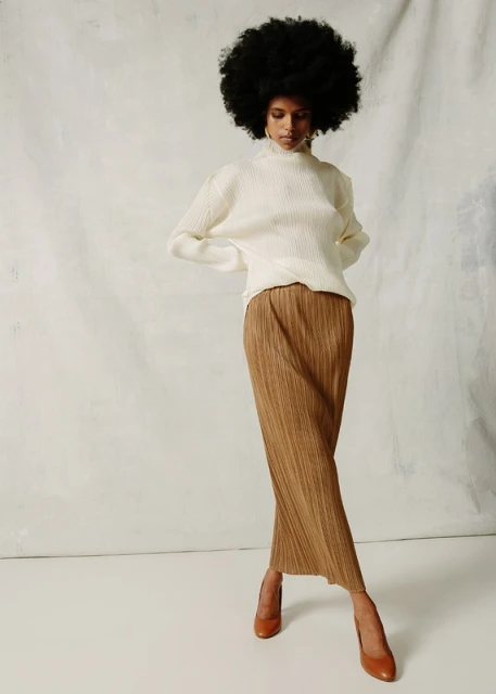 Elegant portrait of an African-American woman with a large afro hairstyle, wearing a cream sweater and pleated skirt, posing in a studio.