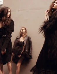Three female models posing against a textured concrete wall, styled by hair stylist Erin Skipley in Los Angeles.