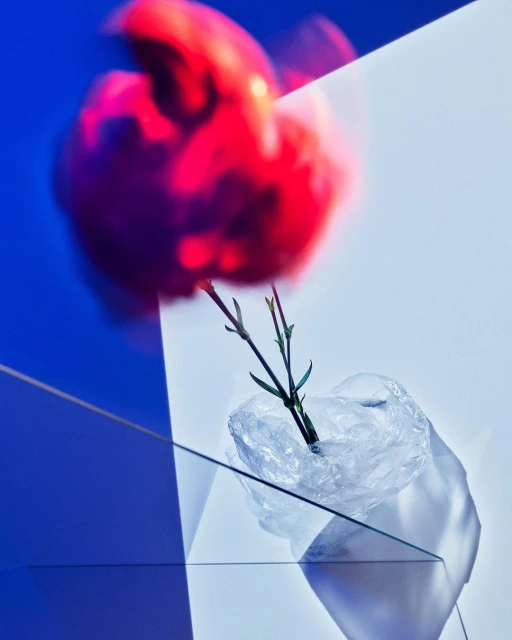 Abstract studio still life with pink flower and plant stem in plastic-wrapped vase against geometric backdrop of blue and white.