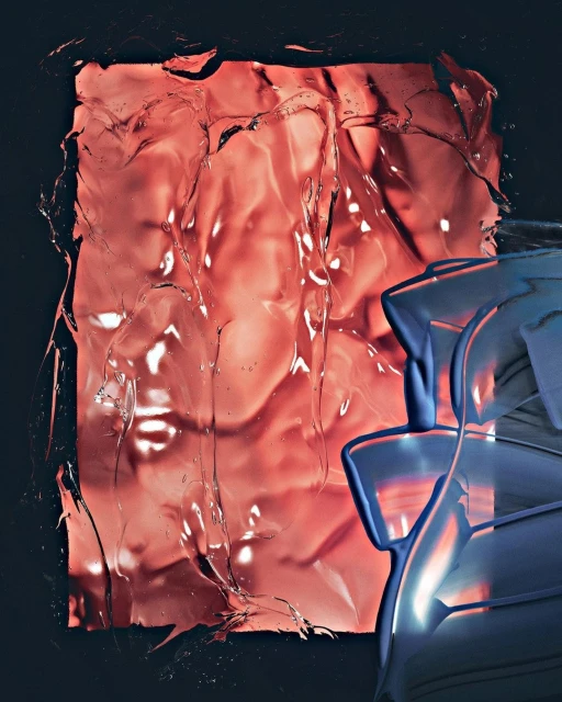 Abstract image featuring a textured, translucent red panel juxtaposed with a glossy, flowing blue form against a dark backdrop.