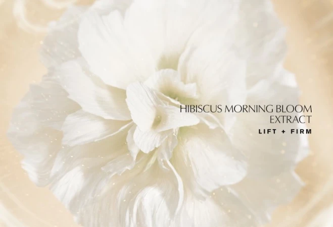 Close-up of a white hibiscus bloom with soft, diffused lighting, highlighting delicate petals, complemented by cosmetic product text.
