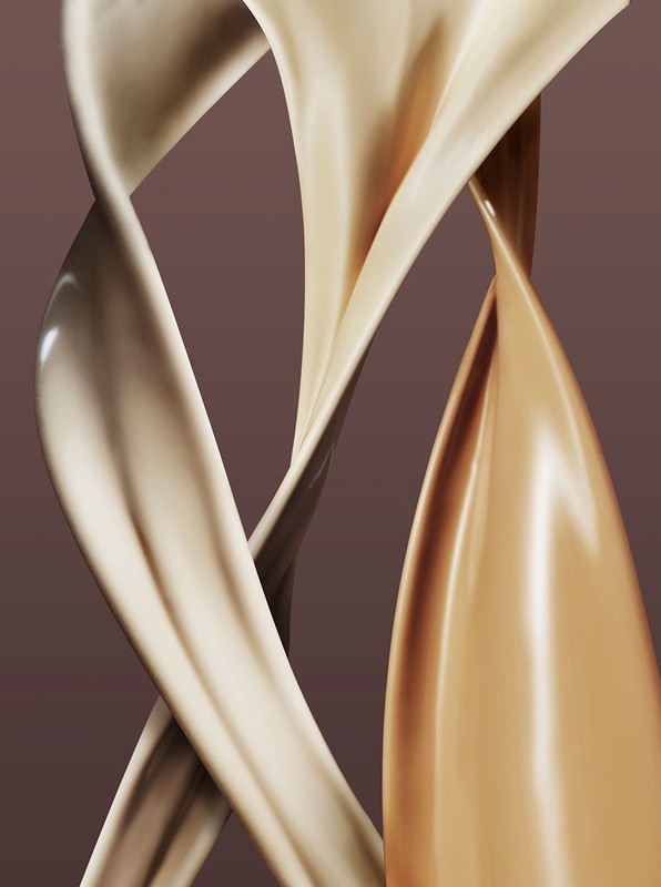 Abstract swirls of light beige and caramel-colored liquids against a dark brown background create a smooth, glossy, flowing design.