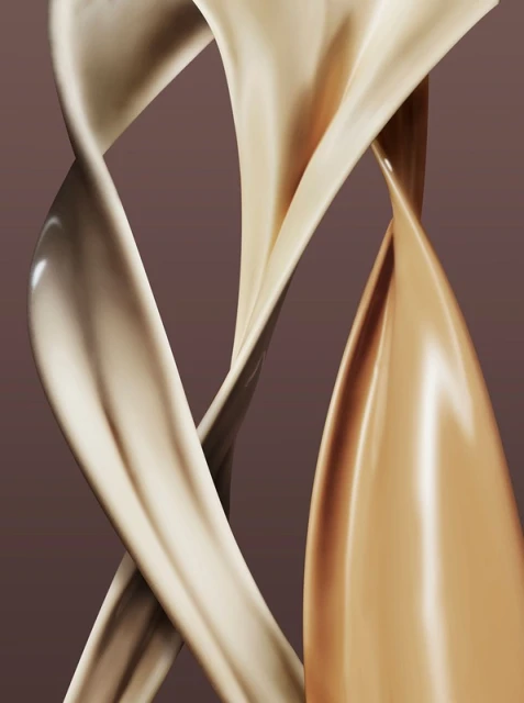 Abstract swirls of light beige and caramel-colored liquids against a dark brown background create a smooth, glossy, flowing design.