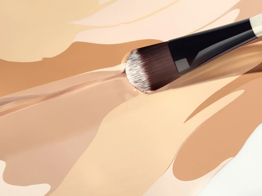 Cosmetic brush applicator laying on top of a liquid foundation make-up swatch with various skin tone colors for beauty and skincare product.