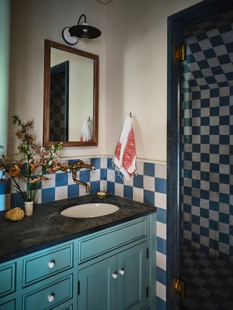 Bathroom interior featuring a blue vanity cabinet with flowers, a sink, a framed mirror, blue-and-white checkered tiles, and a shower door.