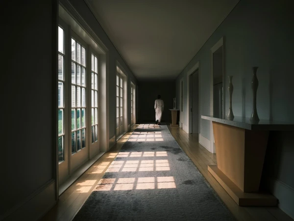 Woman in white robe walking down a long hallway with windows, natural light casting shadows on the floor. Interior design elements.