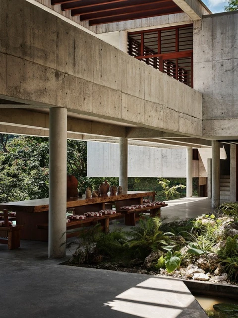 Exterior view of a modern concrete building with a long wooden table and benches, surrounded by lush greenery and plants.